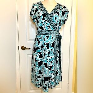 Turquoise and black patterned faux wrap dress, Apt 9 size Large